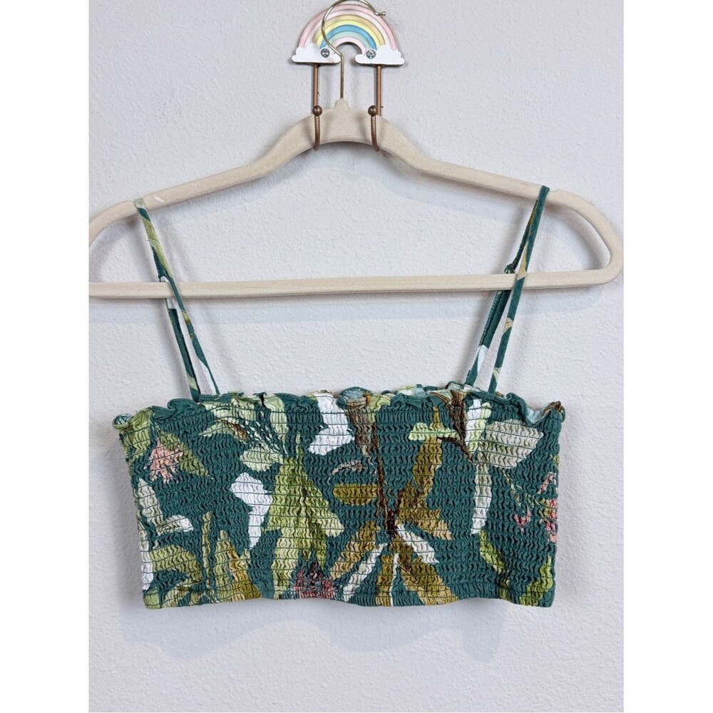 O.p.t. Green Smocked Tropical Leaf Print Crop Top Bandeau M